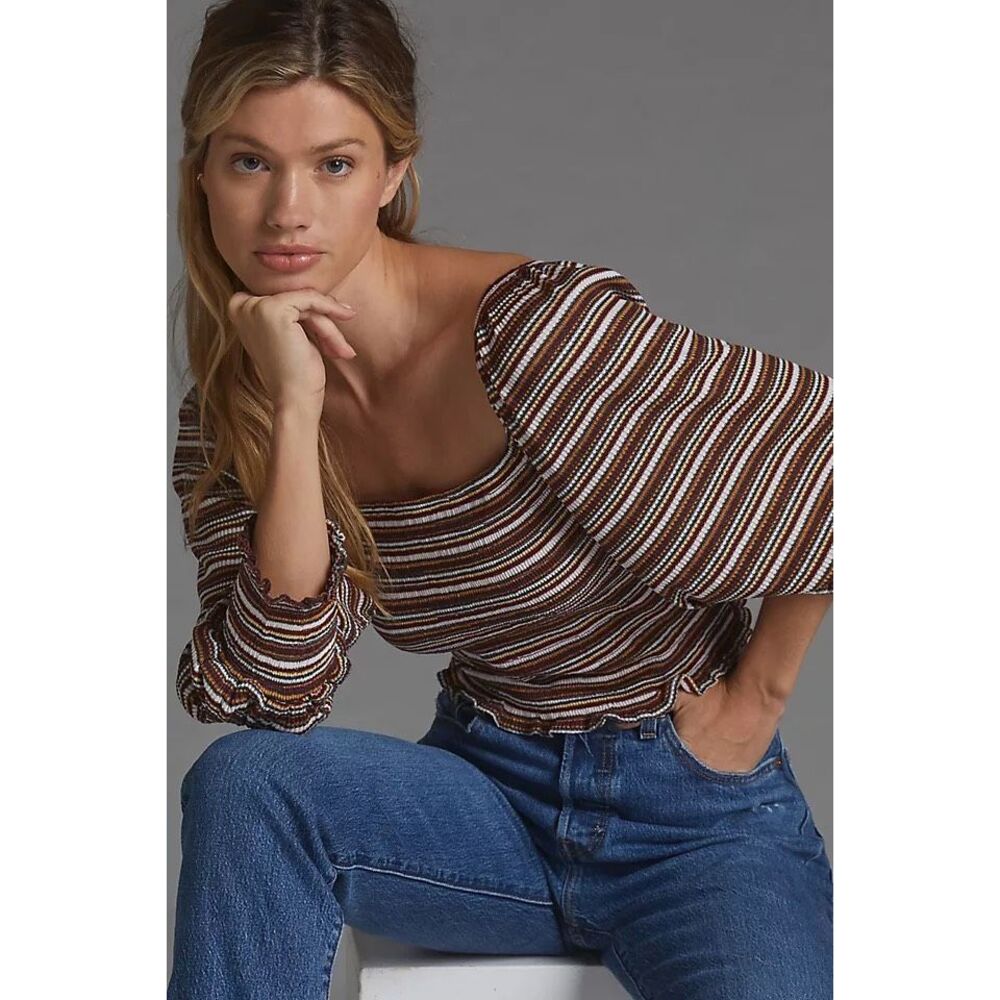 Anthropologie Smocked Puff-Sleeved Stripe Top Medium
